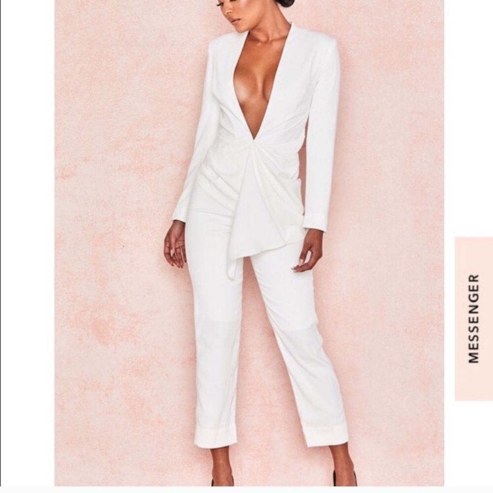 White plunge drape jumpsuit